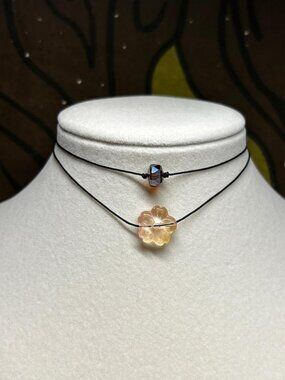 Peachy Flower brown Gem Layered Necklace Set cord adjustable minimalist dainty